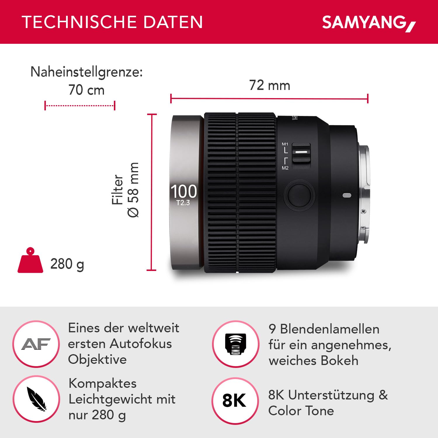 Samyang V-AF 100 mm T2,3 FE Sony E için, video objektifi, otomatik